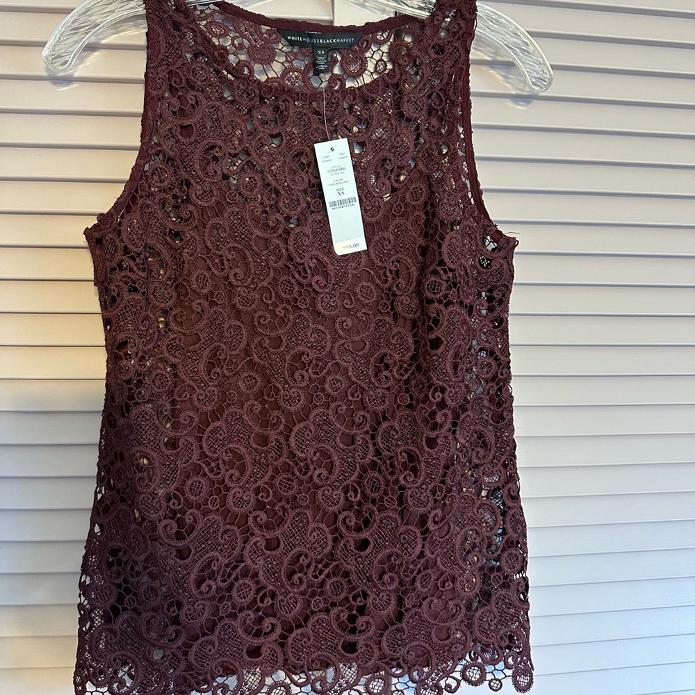 NWT!! White House Black Market Lace Tee burgundy top. Size XS.